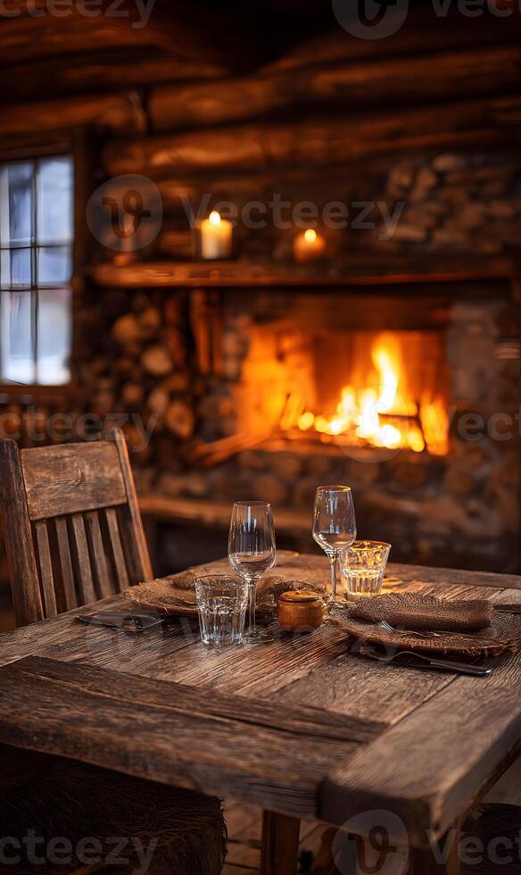 Rustic cabin dining with a cozy fireplace and wooden table set for an intimate dinner photo