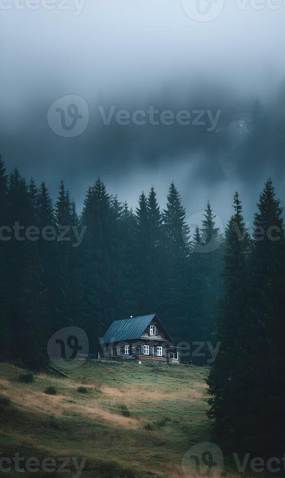 A solitary cabin sits nestled amidst the towering trees of a misty forest landscape photo