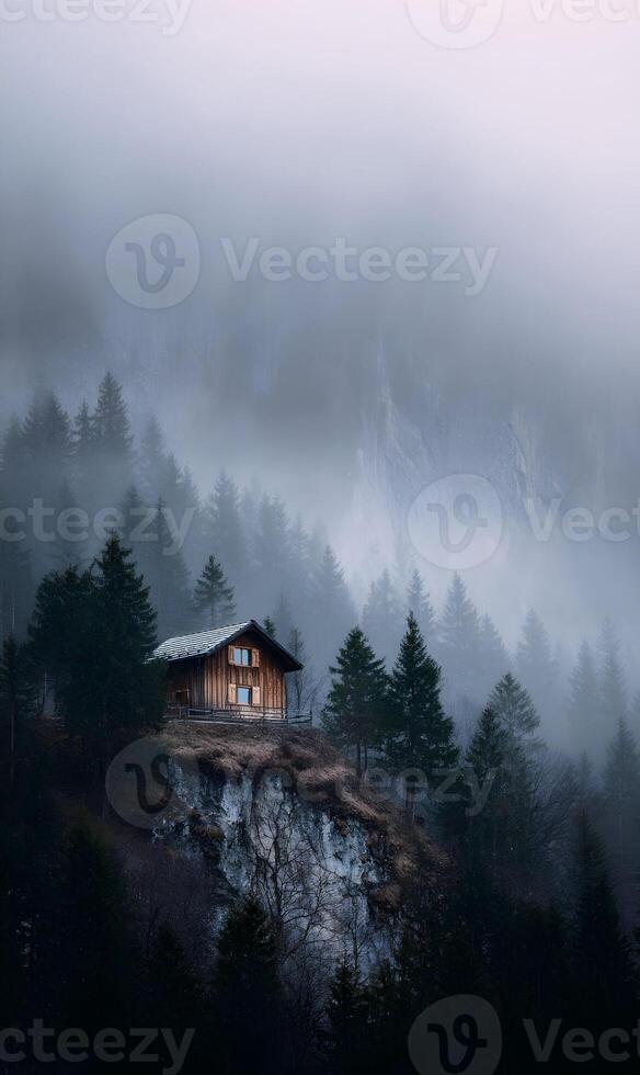 A secluded cabin rests atop a rugged cliff shrouded in ethereal mist and surrounded by dense forest photo