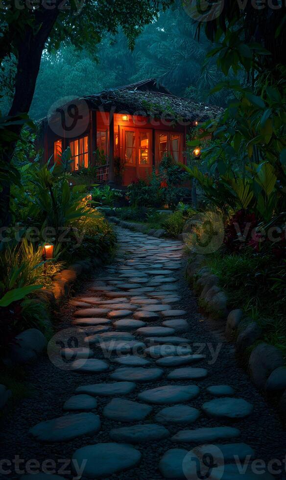 Enchanting cabin retreat nestled amidst lush greenery, illuminated by warm inviting lights photo