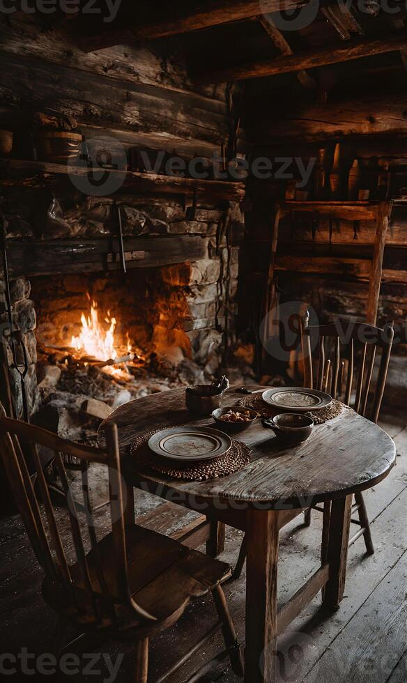 Rustic cabin interior with cozy fireplace and wooden table set for a warm, inviting meal photo
