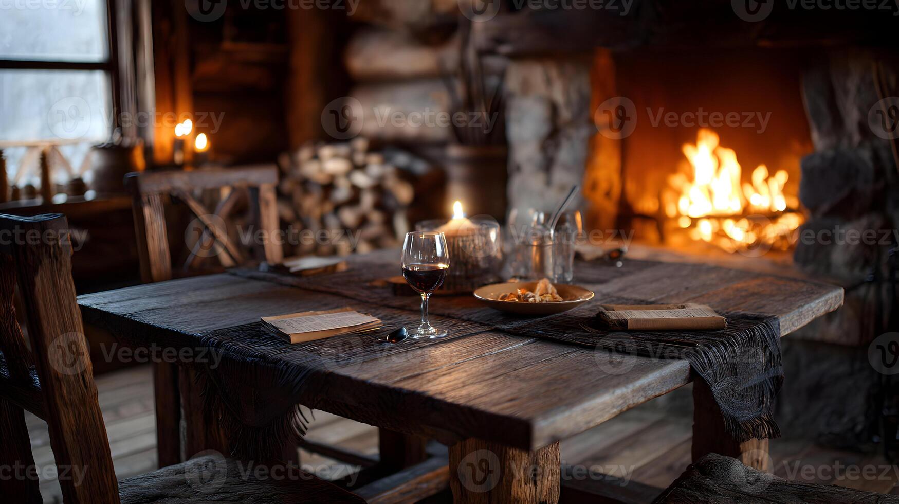 Rustic cabin dinner setting with wine and fireplace for cozy winter ambiance photo