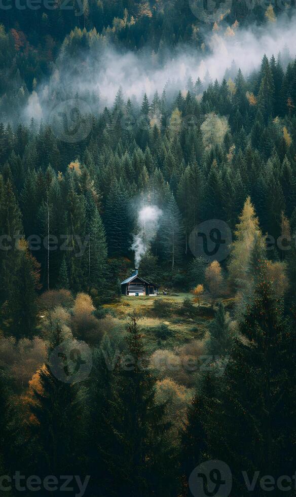 Serene mountain cabin nestled among the evergreen trees shrouded in mist during a calm day photo