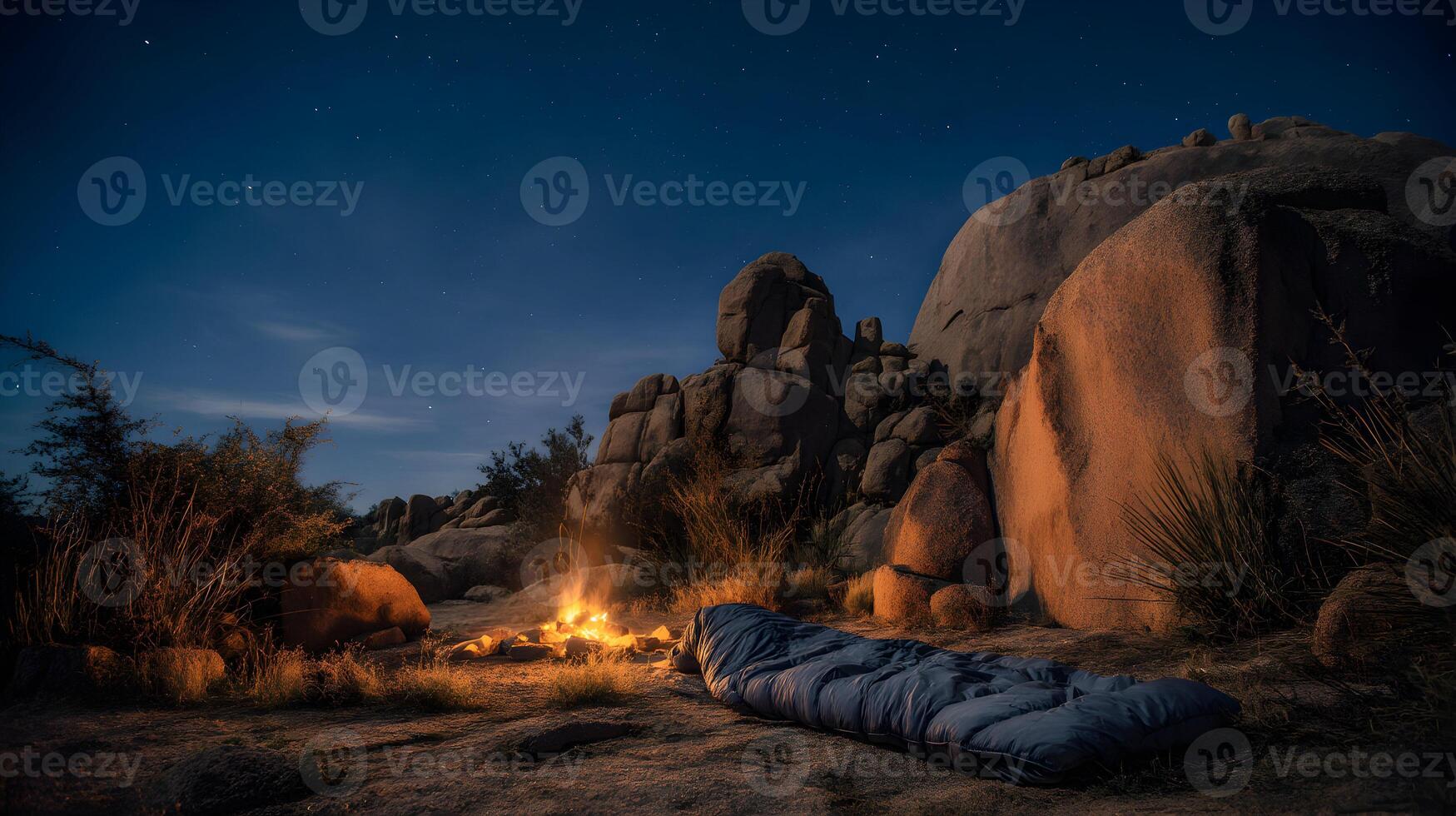 Camping under the stars in the desert with a cozy fire and sleeping bag under a night sky photo