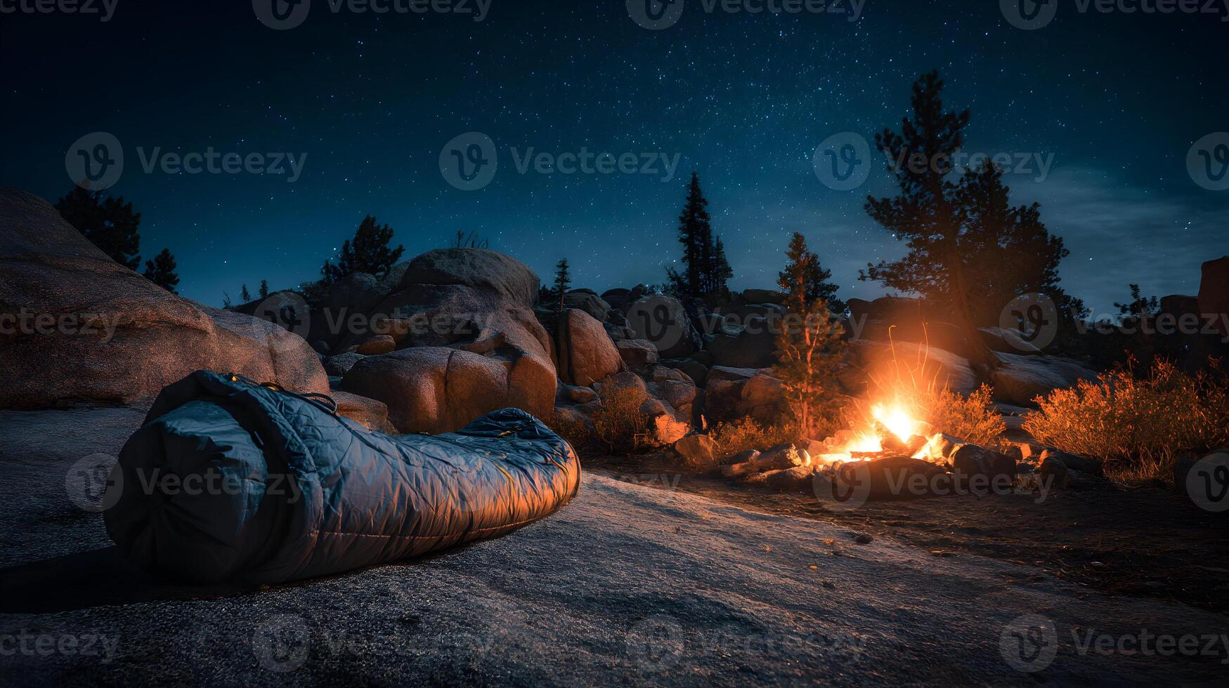 Cozy sleeping bag under starry sky next to a warm campfire in the remote wilderness photo