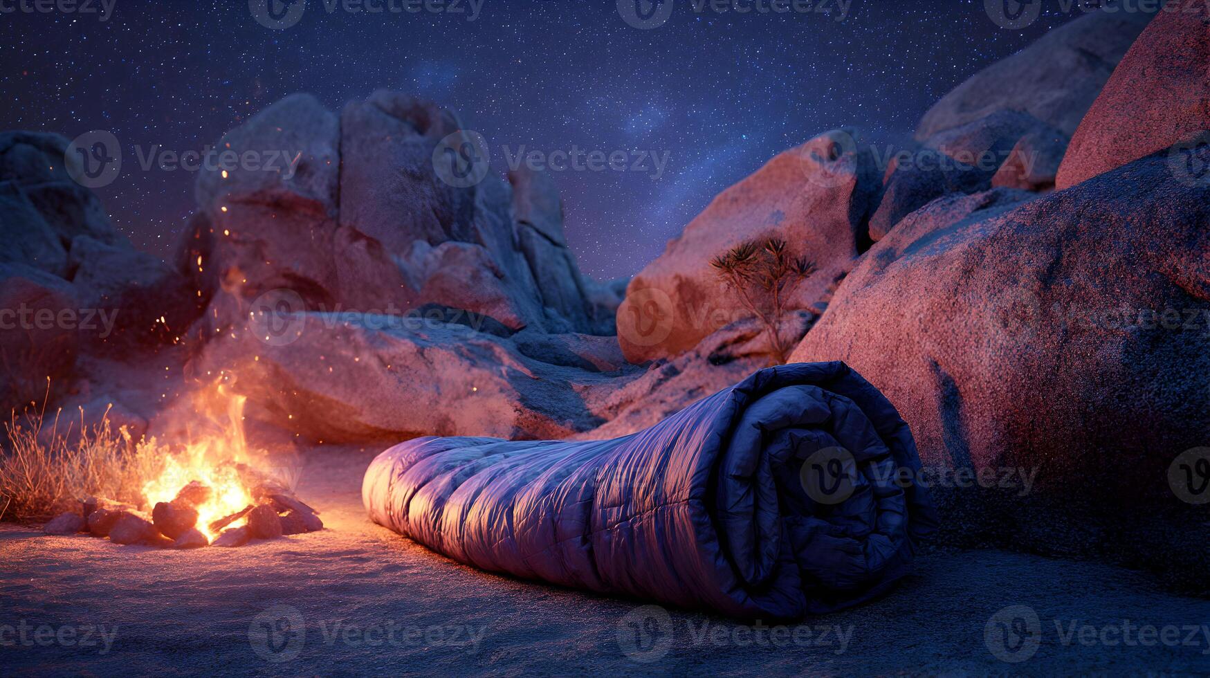 Under the starry sky a cozy sleeping bag sits near a crackling campfire ready for slumber photo