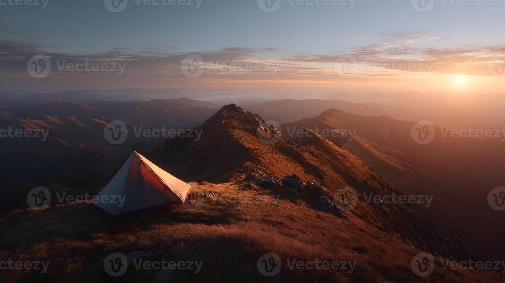 Scenic camping scene at sunset with a tent pitched high on a mountain ridge photo