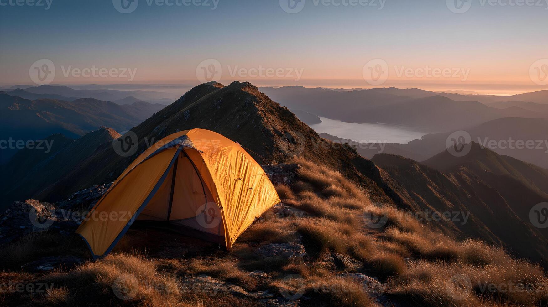 Camping on a high mountain peak, the scene is filled with golden light at sunrise photo