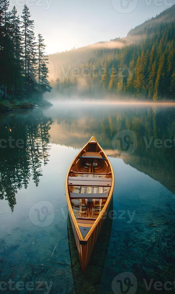 An old wooden canoe floating peacefully on a pristine lake surrounded by tall green trees photo