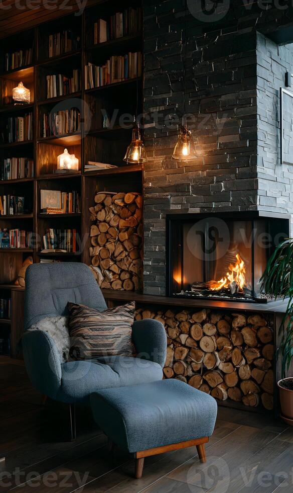Warm and inviting living space with cozy fireplace and full bookshelf showcasing relaxation photo