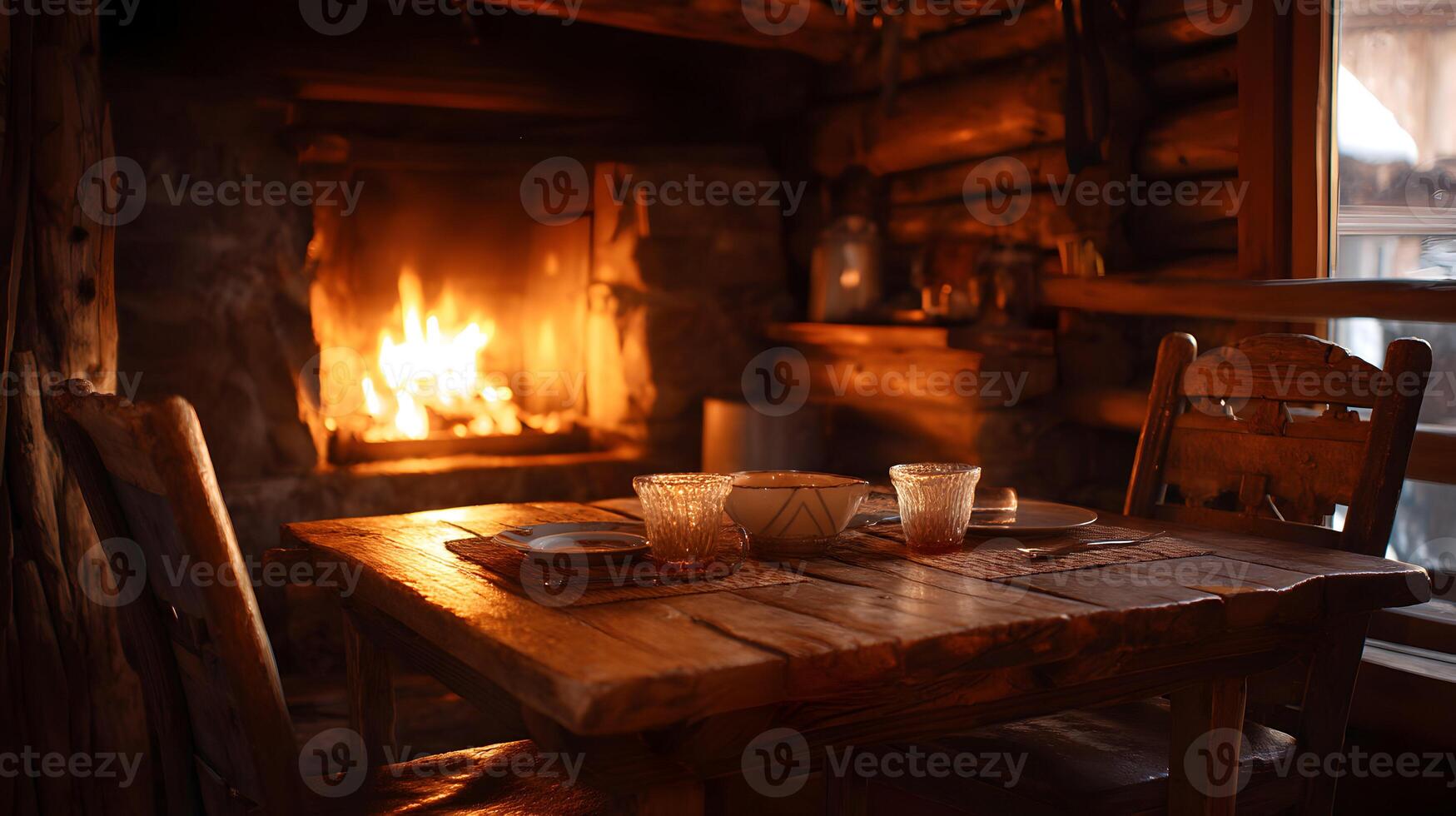 Cozy dining scene with rustic wooden table and chairs near a warm crackling fireplace photo