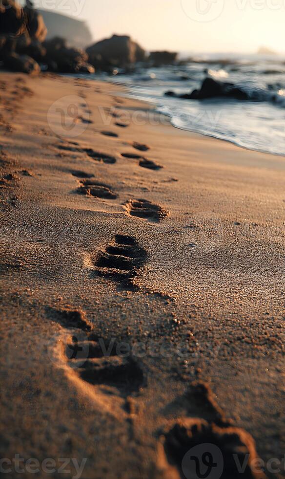 Footprints in the sand lead along a serene coastline at sunset creating a calming seascape photo