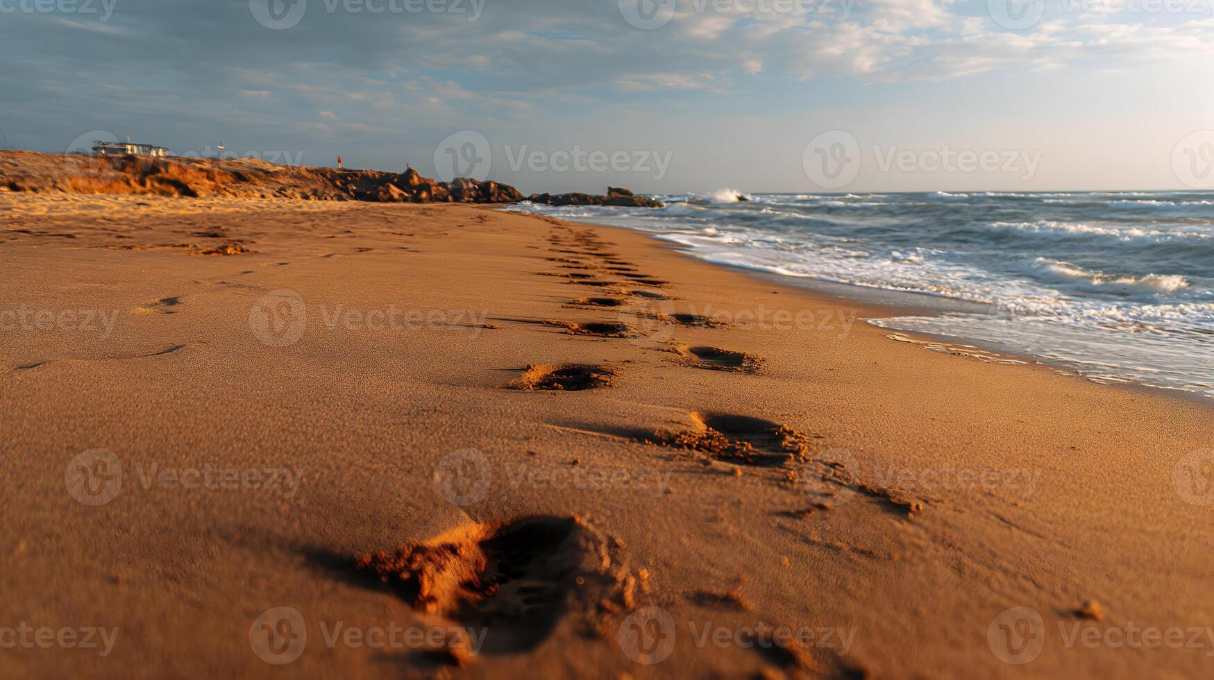Golden footprints disappear with the tide along a tranquil shore at sunset hour photo