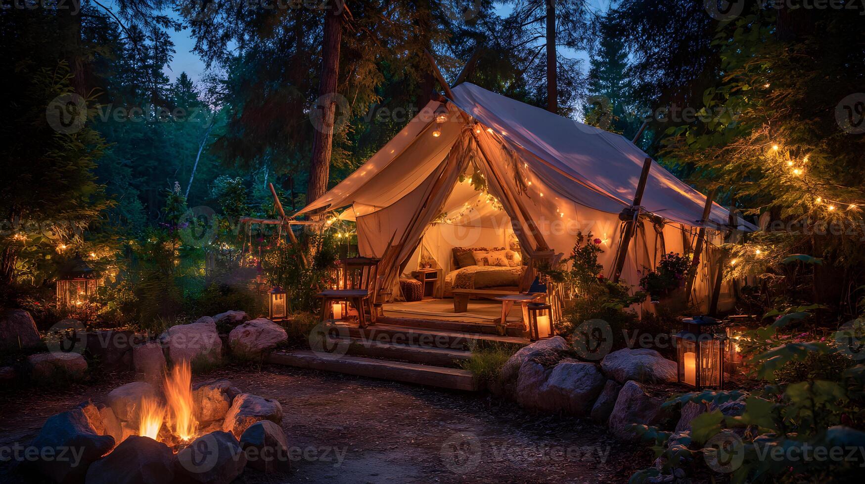 Enchanting glamping site nestled in the woods with a cozy tent and crackling campfire under the stars photo