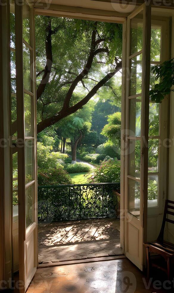 Open doorway revealing a beautiful garden view with vibrant greenery and natural sunlight photo