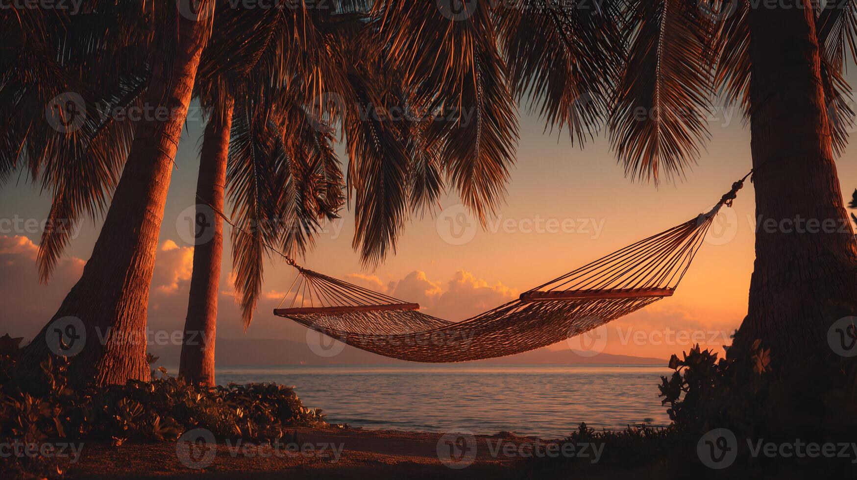 Relaxing in a hammock on a tropical beach at sunset is the perfect island getaway photo