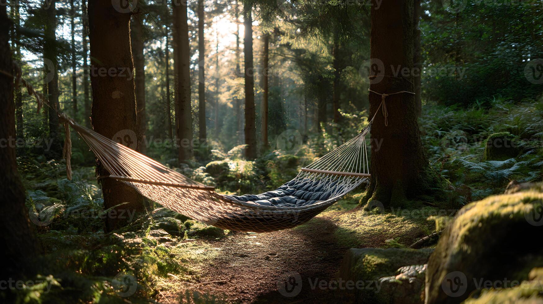 Hammock hangs serenely between trees inviting relaxation in a sun dappled forest setting photo