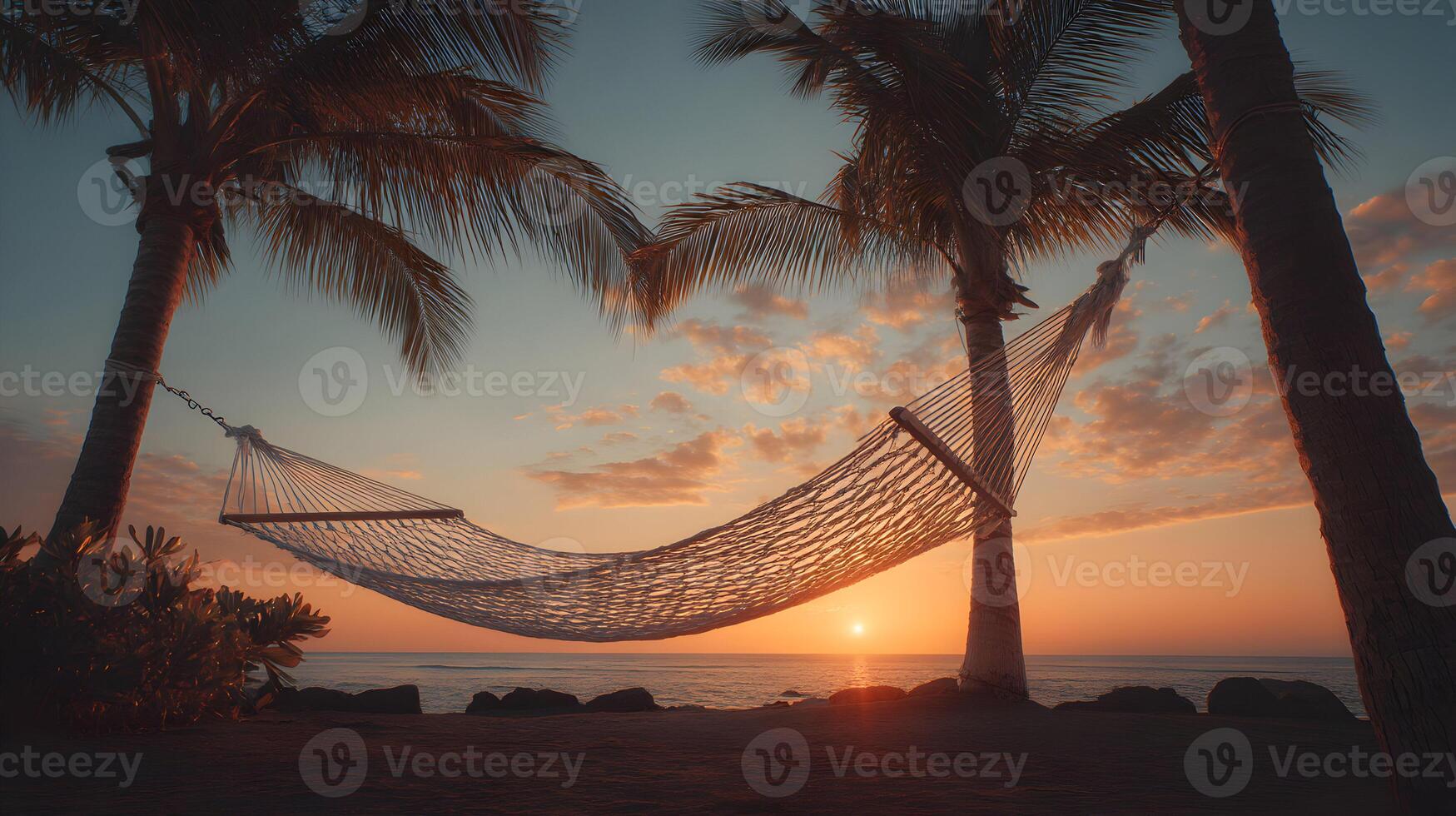 Tranquil sunset at tropical beach with hammock swaying between palm trees in paradise photo