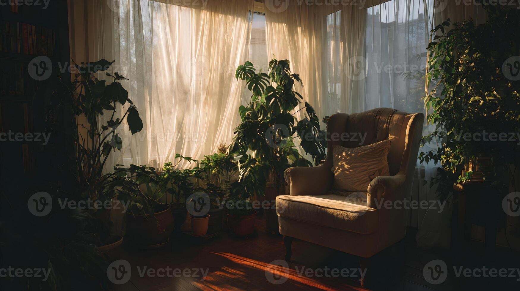 Cozy indoor corner with plants bathed in sunlight illuminating an armchair and surrounding area photo