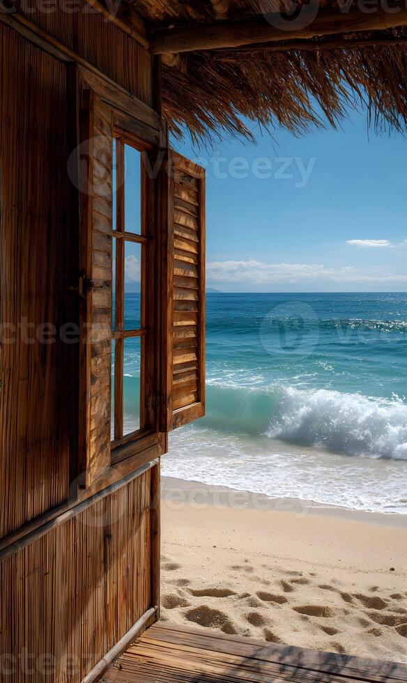 Coastal bliss a hut's window frames the ocean beach and sky creating a tranquil scene photo