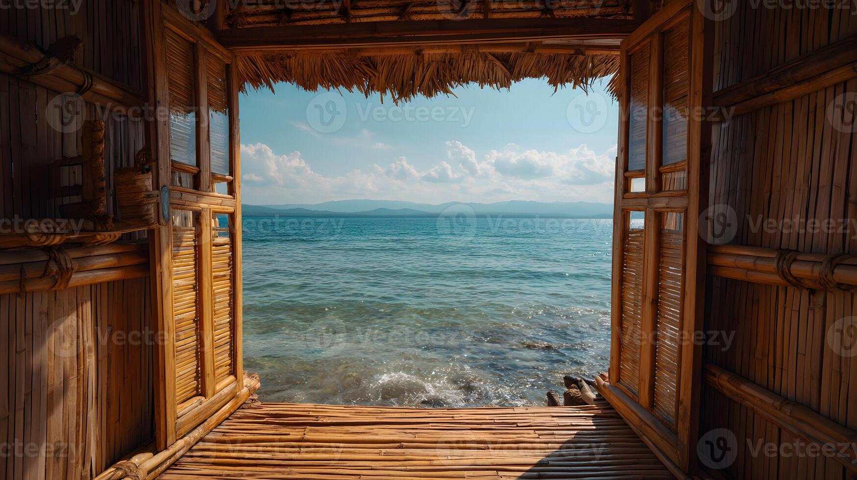 Tranquil ocean view from a bamboo hut showcasing nature's peaceful beauty and serenity photo