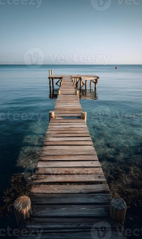 Wooden pier stretching into the calm sea under a serene sky inviting a peaceful coastal getaway photo