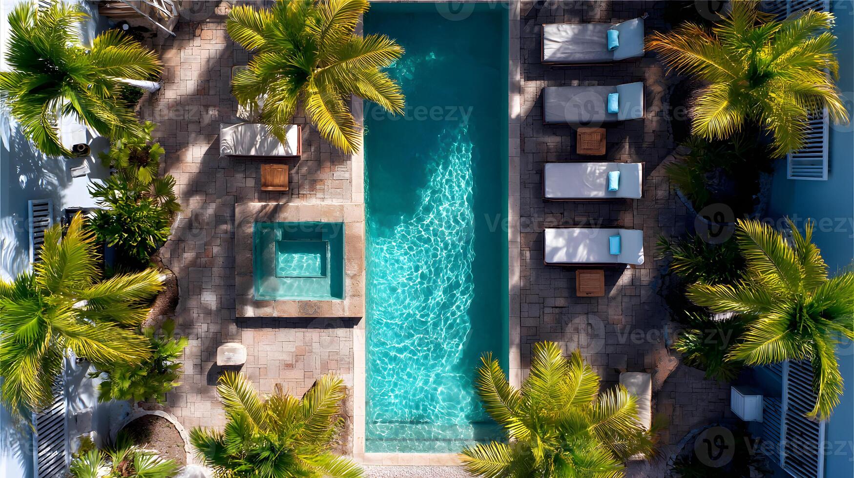 Aerial view of a luxurious resort with swimming pool and palm trees providing a tropical getaway photo