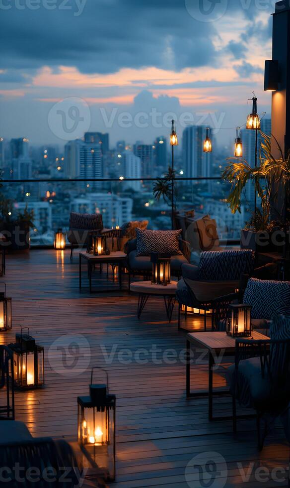 Rooftop lounge with city view and lantern light creates a warm and inviting atmosphere perfect for relaxation photo