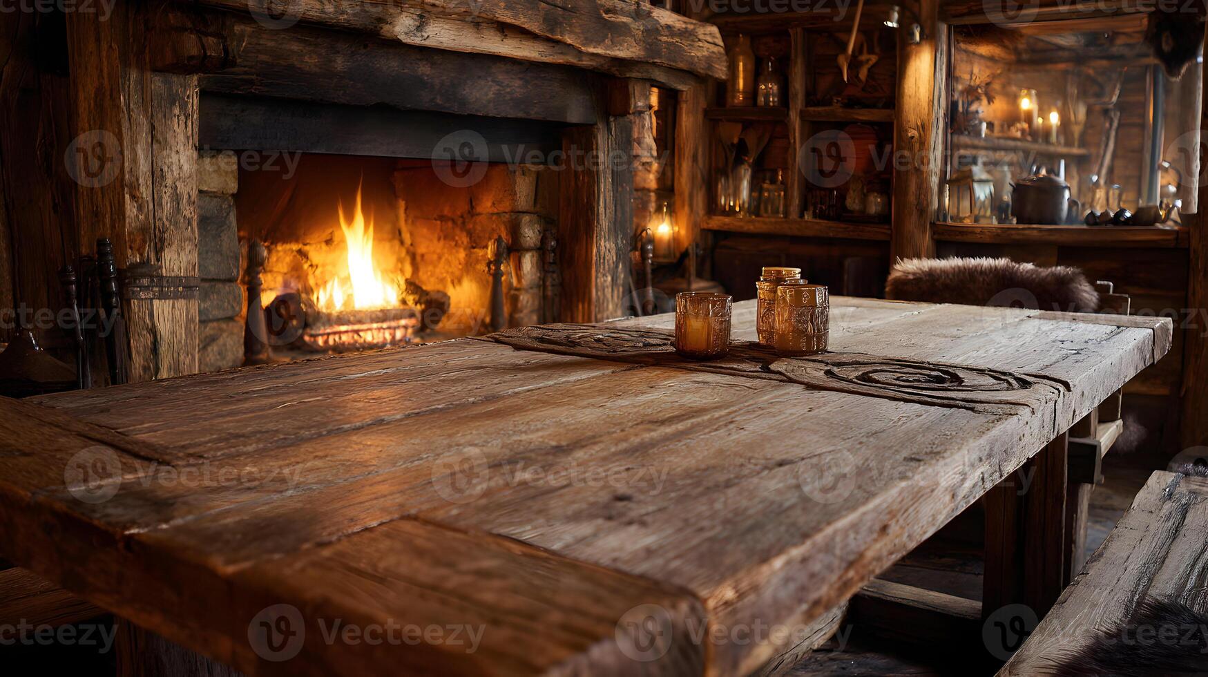 Rustic wooden table in cozy cabin with fireplace and warm lighting providing a relaxing ambiance photo