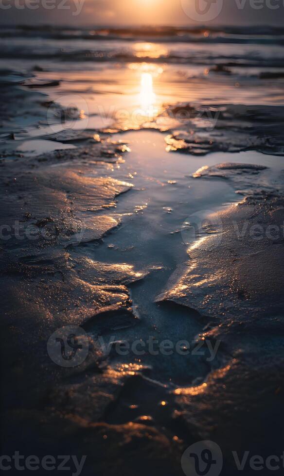 Golden hour paints the wet sand in warm tones as the sun dips below the horizon at dusk photo