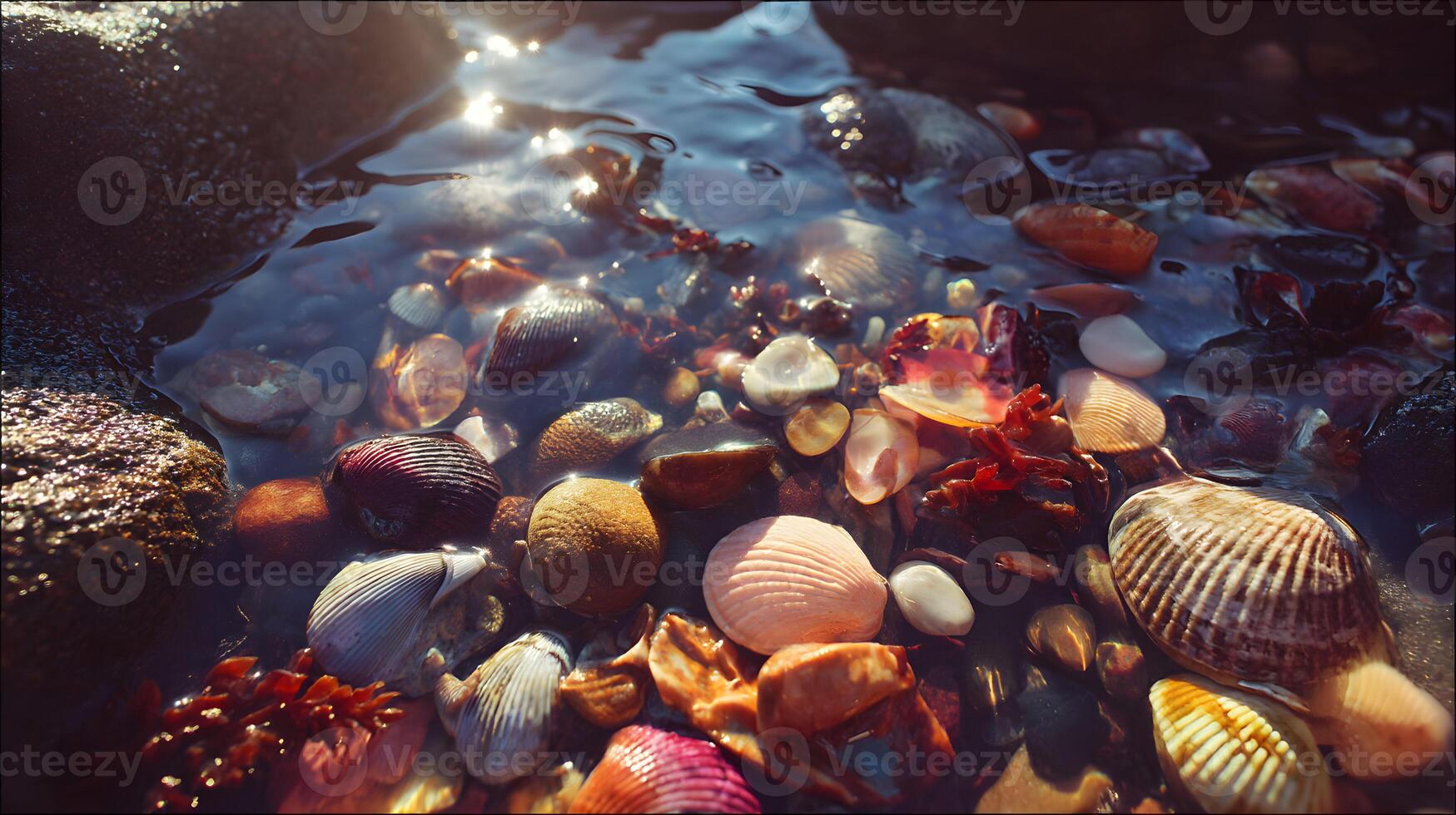 Shallow seawater embracing shells and pebbles on beach under sunlight creates serene view photo