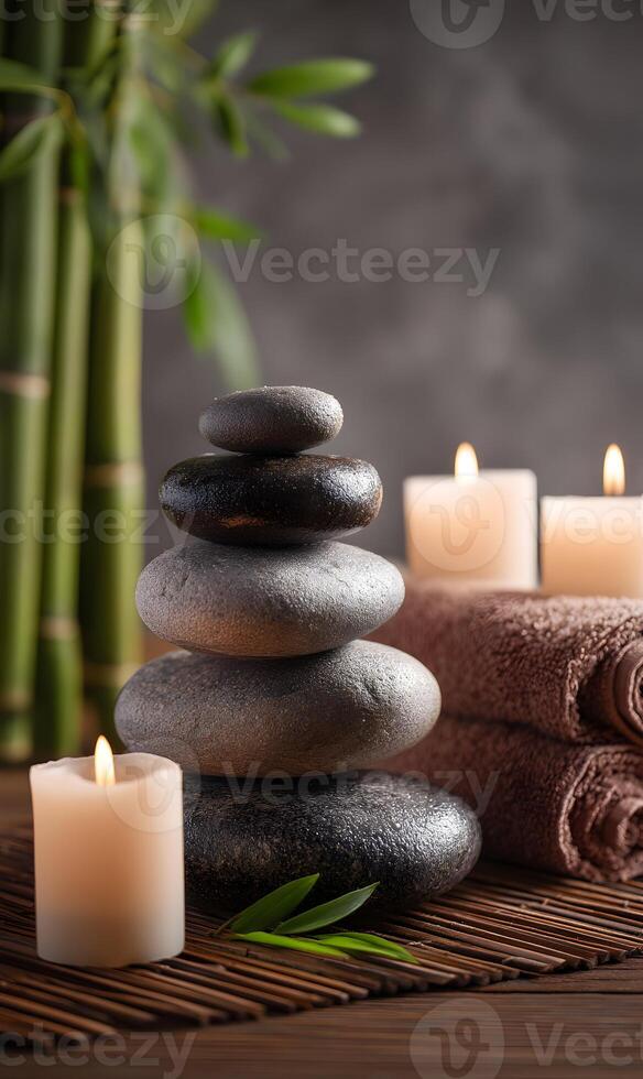 Zen stones stacked with bamboo, candles, and towels creating tranquil spa atmosphere photo