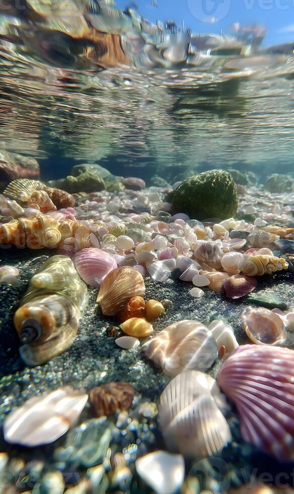 Underwater marvel featuring a myriad of colorful seashells scattered across the sandy seabed photo
