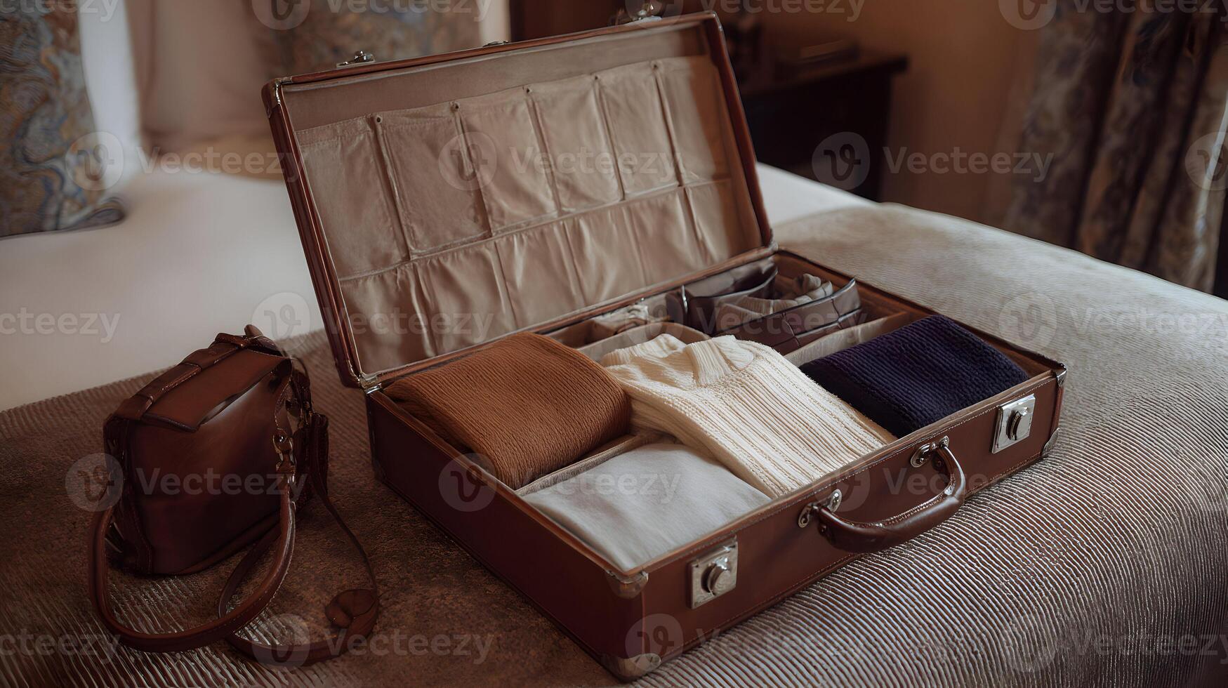 Stylish vintage suitcase filled with neatly folded garments alongside a chic leather bag photo