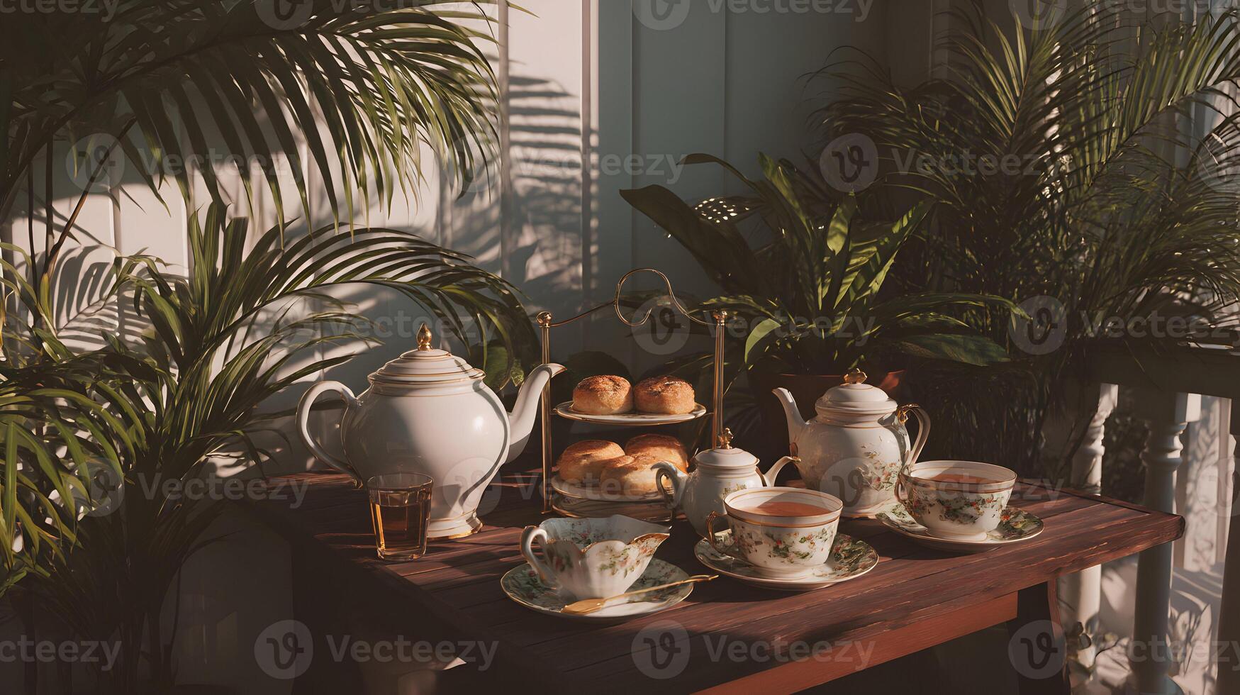 Elegant tea setting with pastries amidst lush greenery, offering a serene and sophisticated ambiance photo