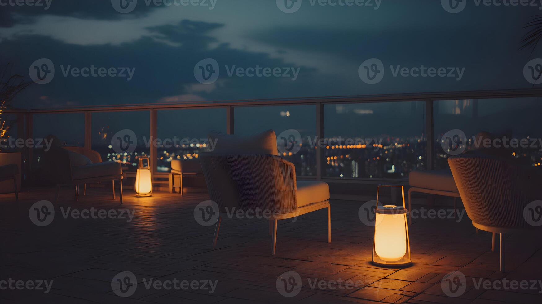 Relaxing seating area on a rooftop terrace with illuminated lamps at twilight overlooking city lights photo