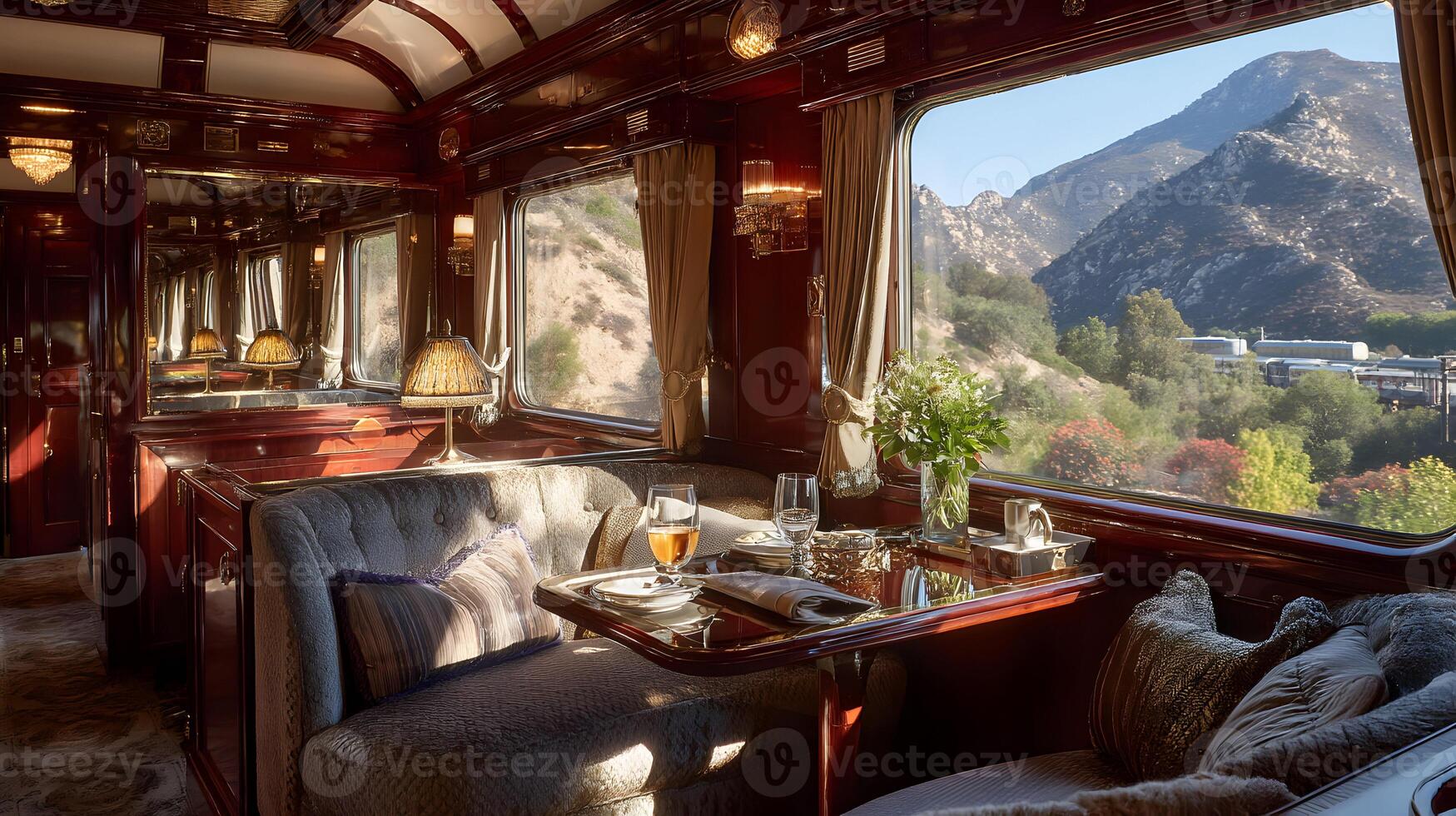 Opulent train carriage interior with a mountain view from the window providing a luxury travel experience photo
