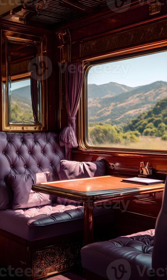 Experience luxurious train travel with elegant interiors and stunning landscapes unfolding through the window photo