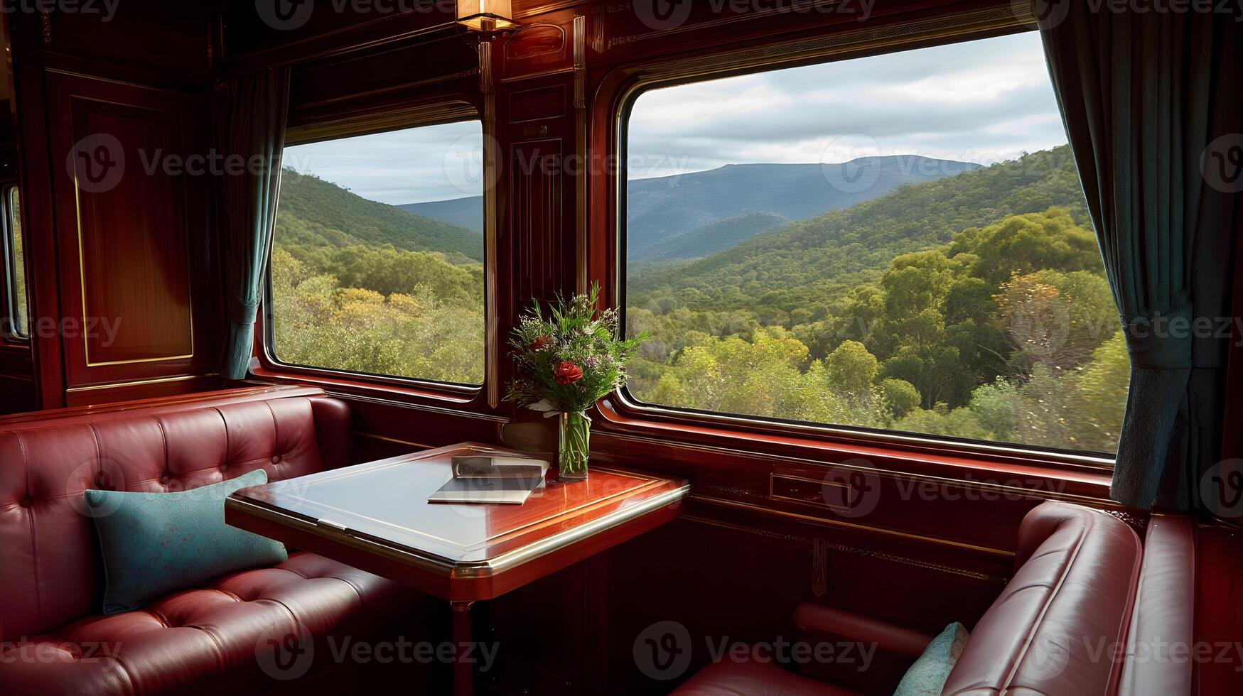 Scenic view from luxury train window showcasing lush mountains and refined vintage travel style photo