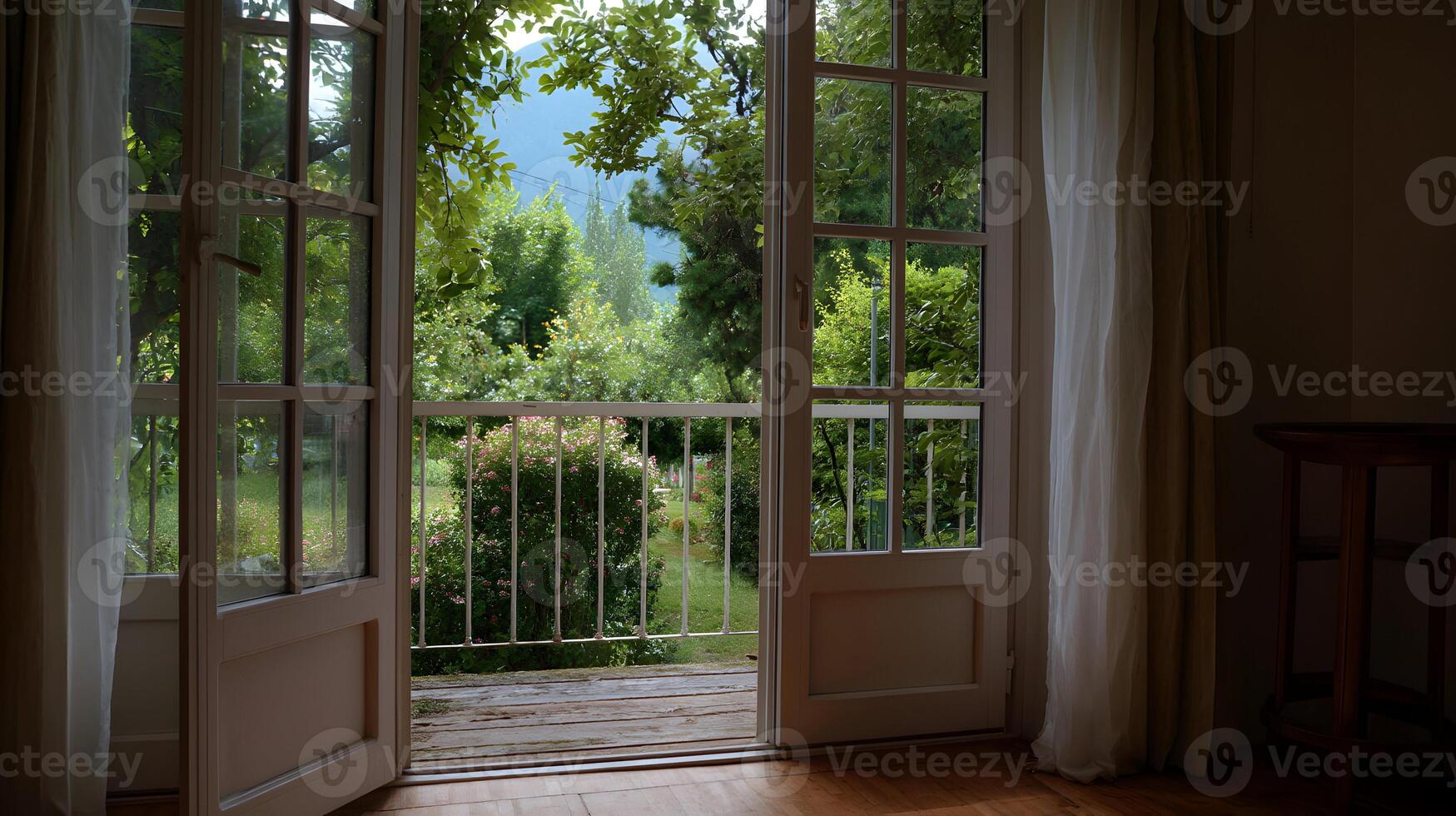 Inviting garden view through open french doors creating a serene and refreshing ambiance photo