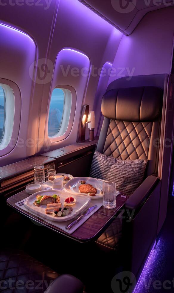 Experience luxurious in flight dining with gourmet meal service in first class cabin photo