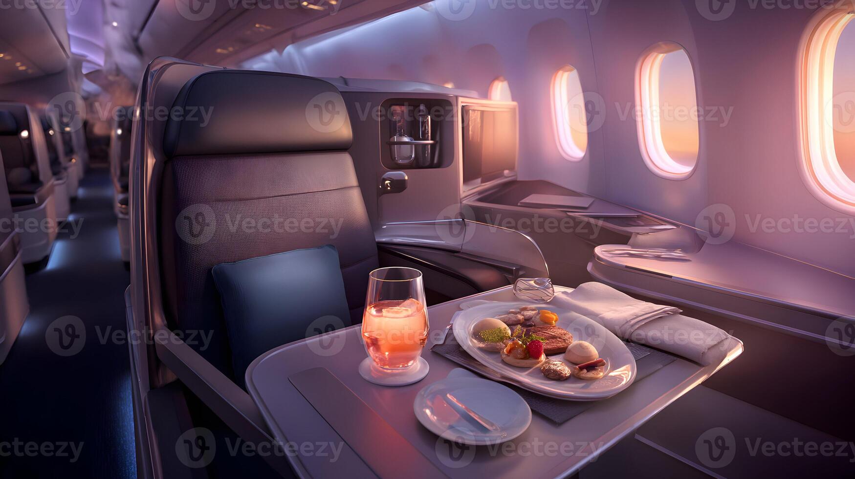 Indulgent first class travel experience with gourmet meal and refreshing beverage photo