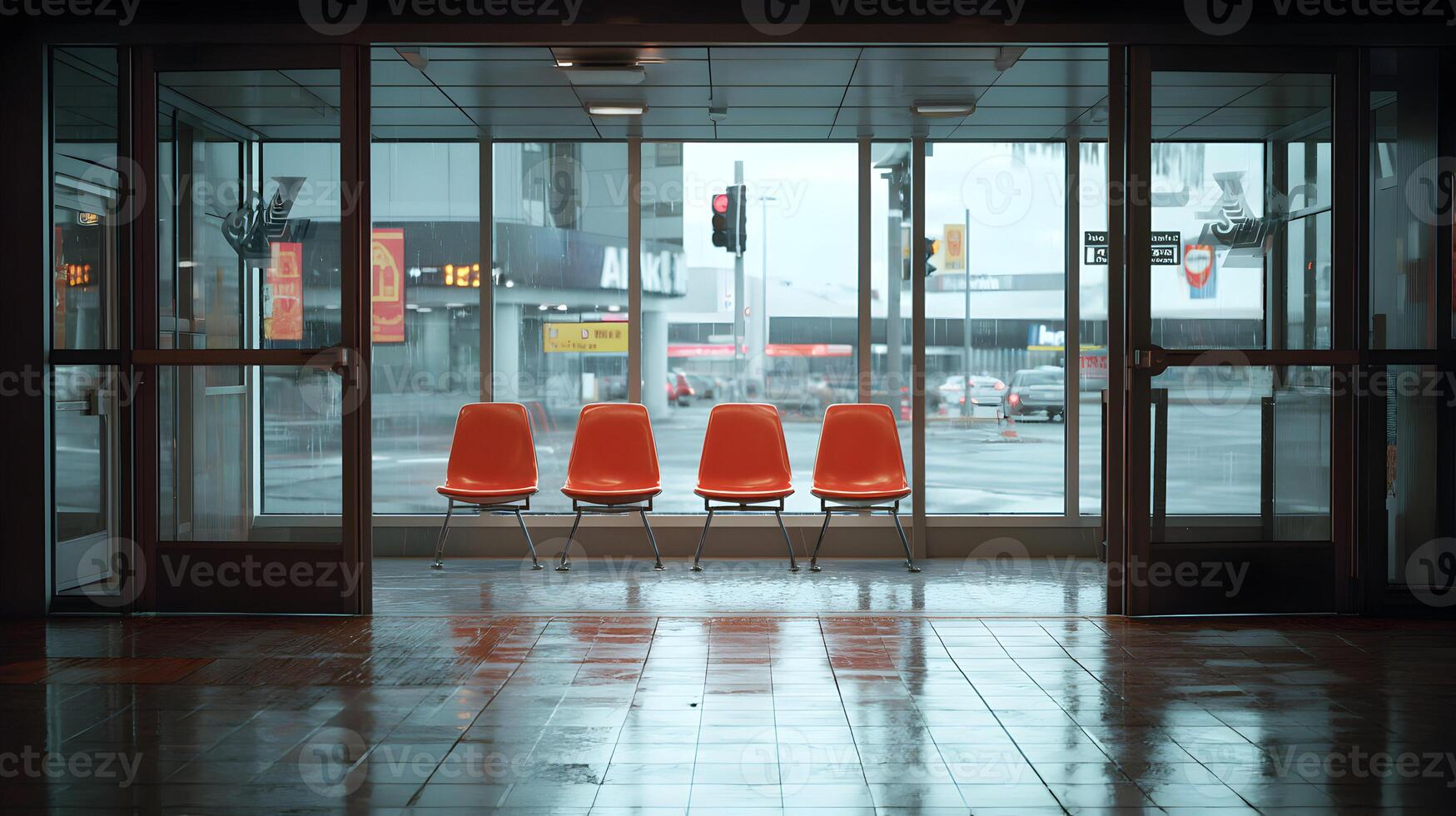 Waiting area with orange chairs and view of rainy cityscape through a large window photo