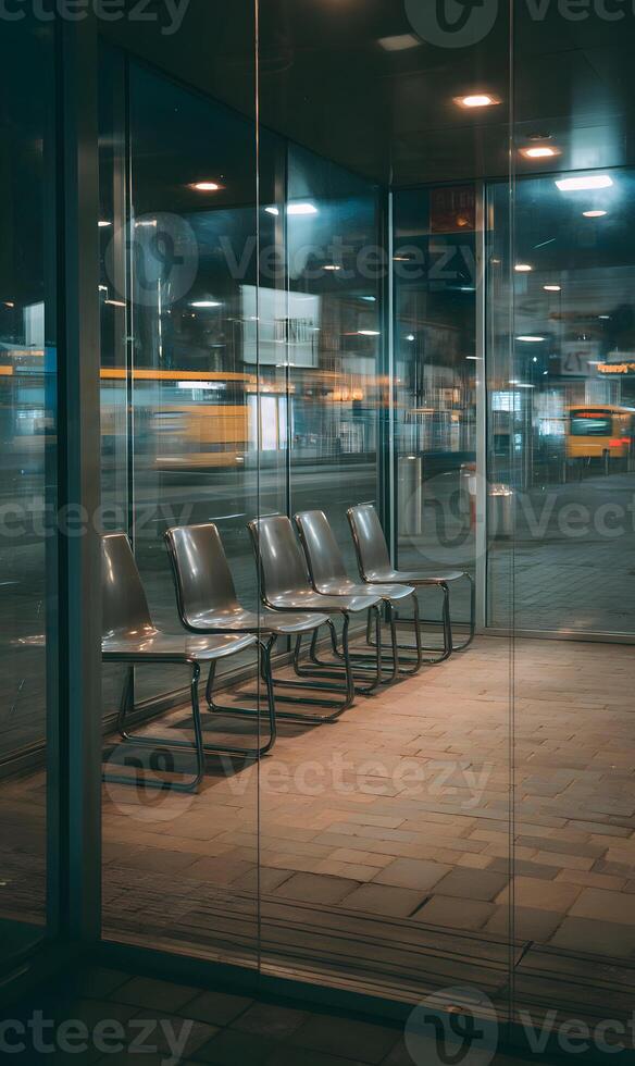 Nighttime urban scene featuring empty chairs inside a modern bus station photo