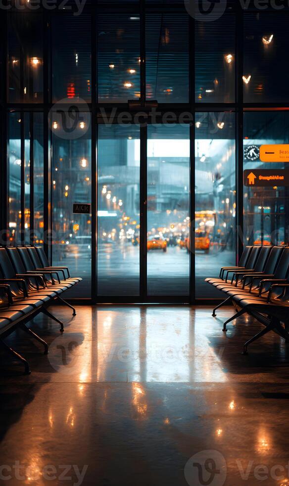 Empty airport waiting area with a view of city lights through large glass windows photo
