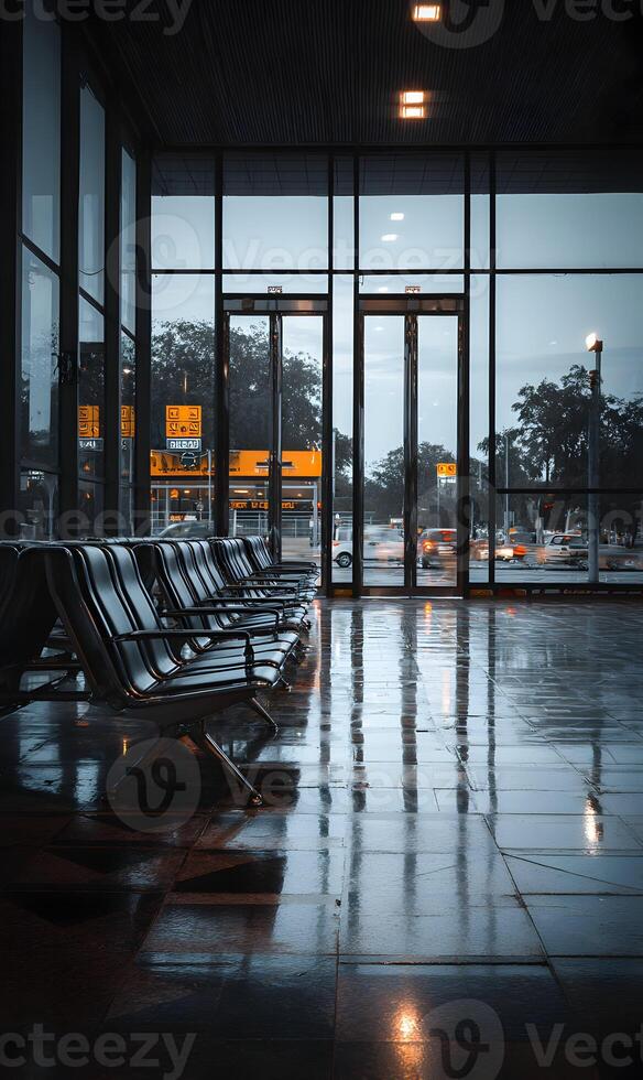 Sleek metal chairs stand in an empty lobby, reflecting the outside world on a rainy day photo