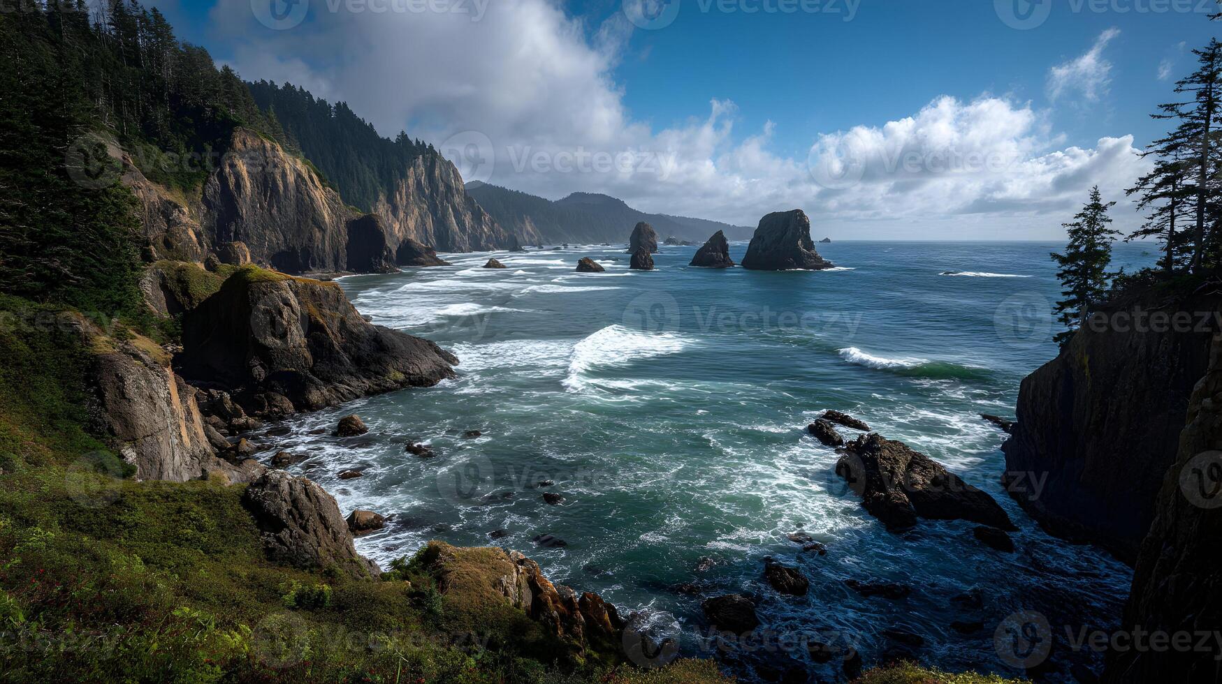 Dramatic coastal cliffs and sea stacks along the Oregon coast under a cloudy blue sky photo