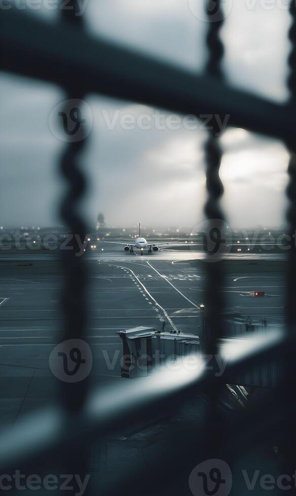 Airplane preparing for takeoff on a rainy day seen through the airport terminal window photo