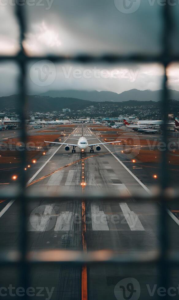The airplane is on the runway preparing to take off at the airport under a cloudy sky photo