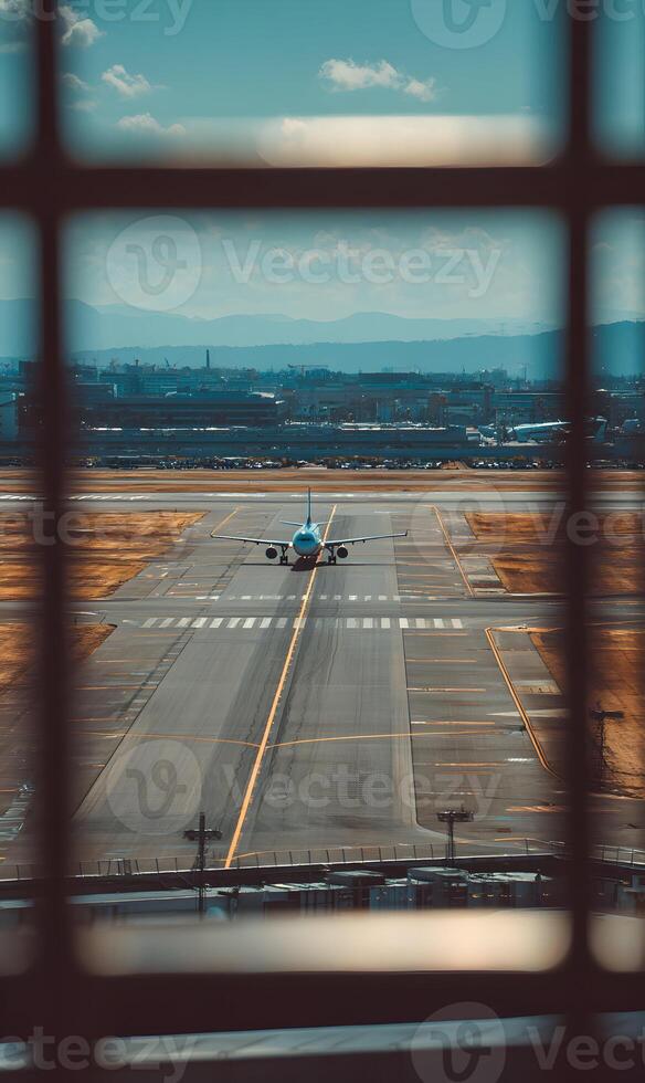 Plane preparing for take off on the runway viewed through a grid window framing the scenery photo